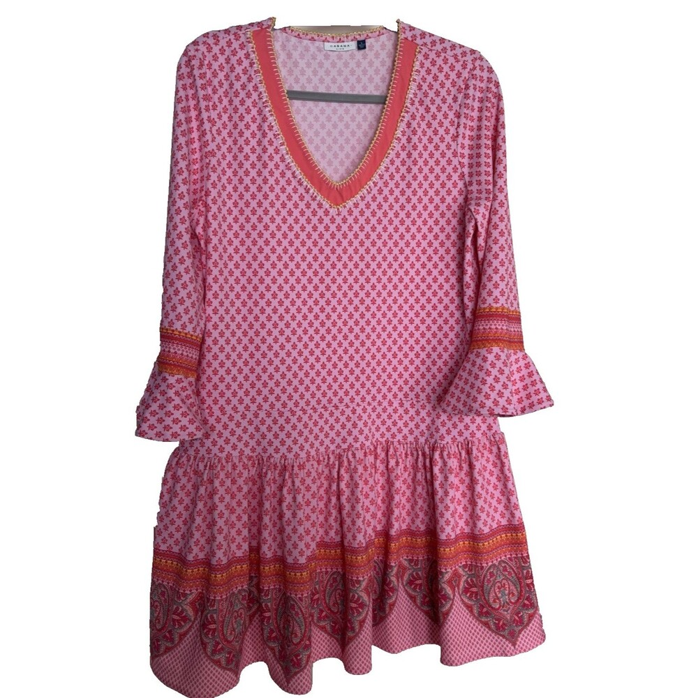 Cabana Life size LARGE pink swim coverup dress yellow beads neckline ruffle hem